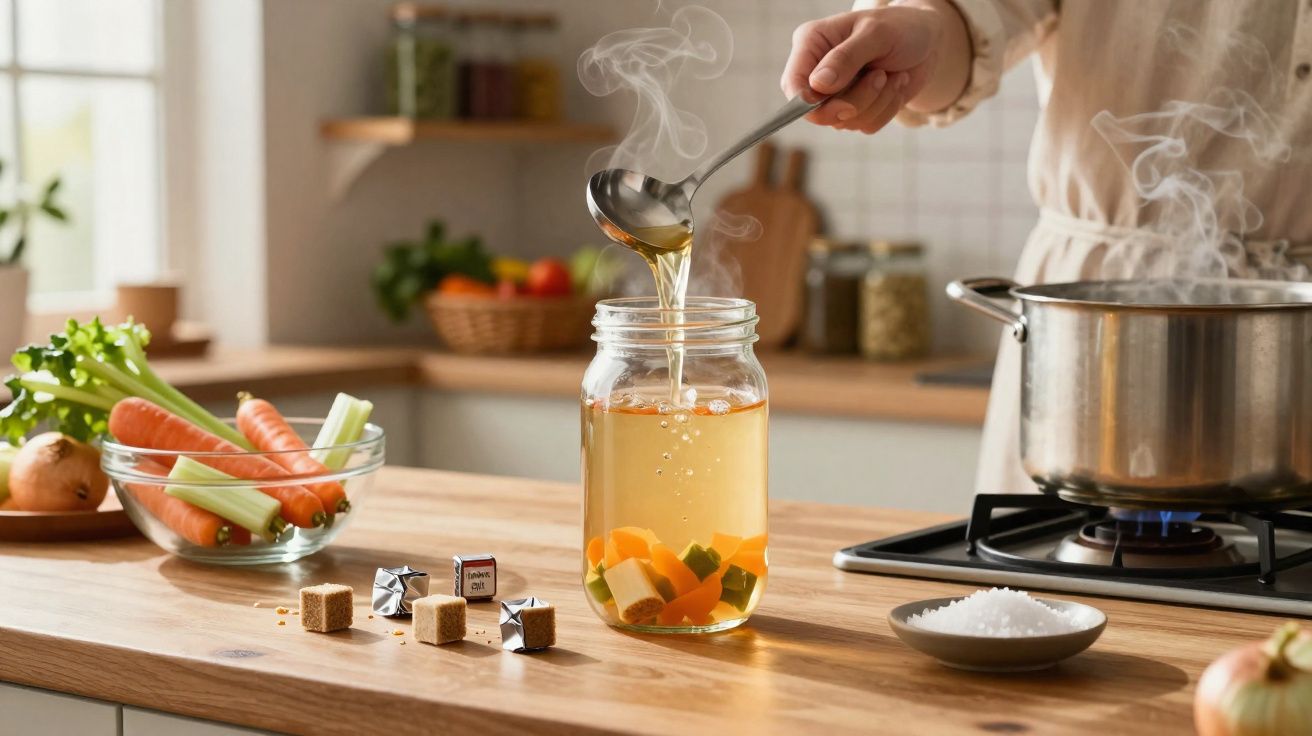 Pessoa despejando caldo quente em pote de vidro com vegetais, ao lado de fogão e legumes.