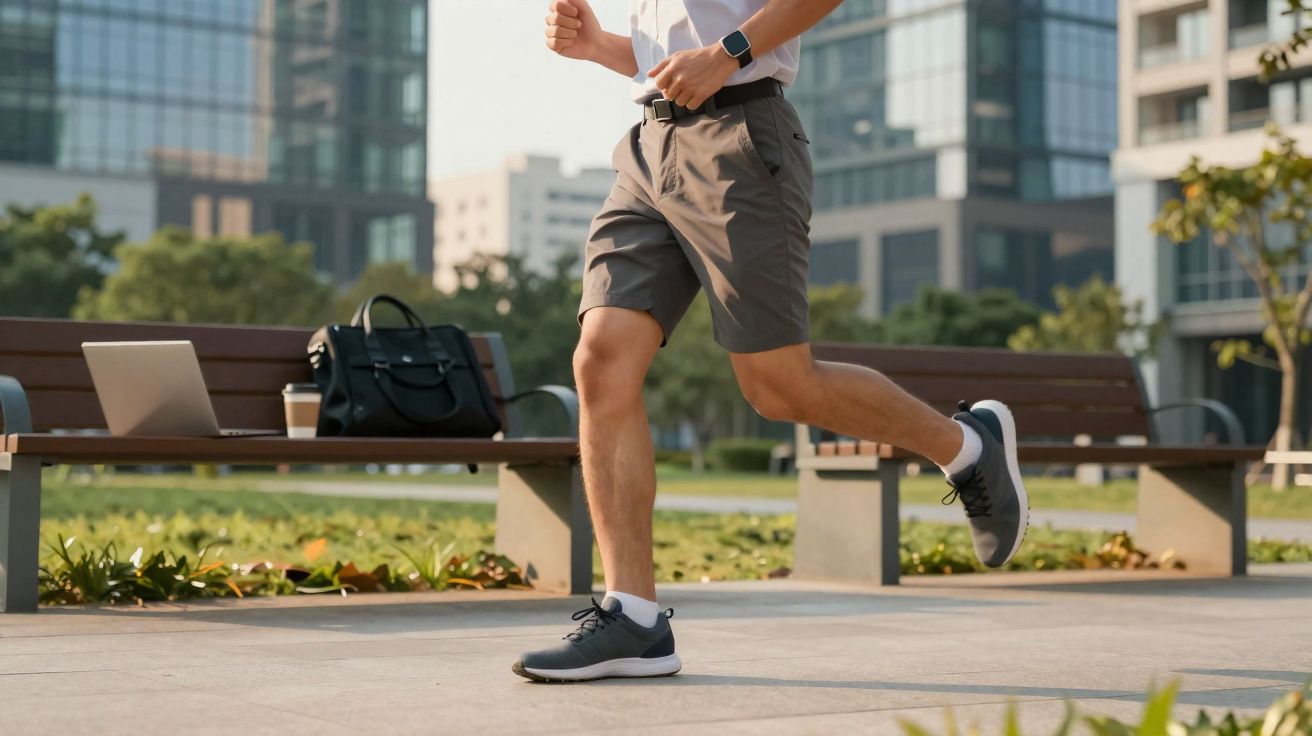 Homem correndo em parque urbano com banco, mochila e laptop ao fundo.