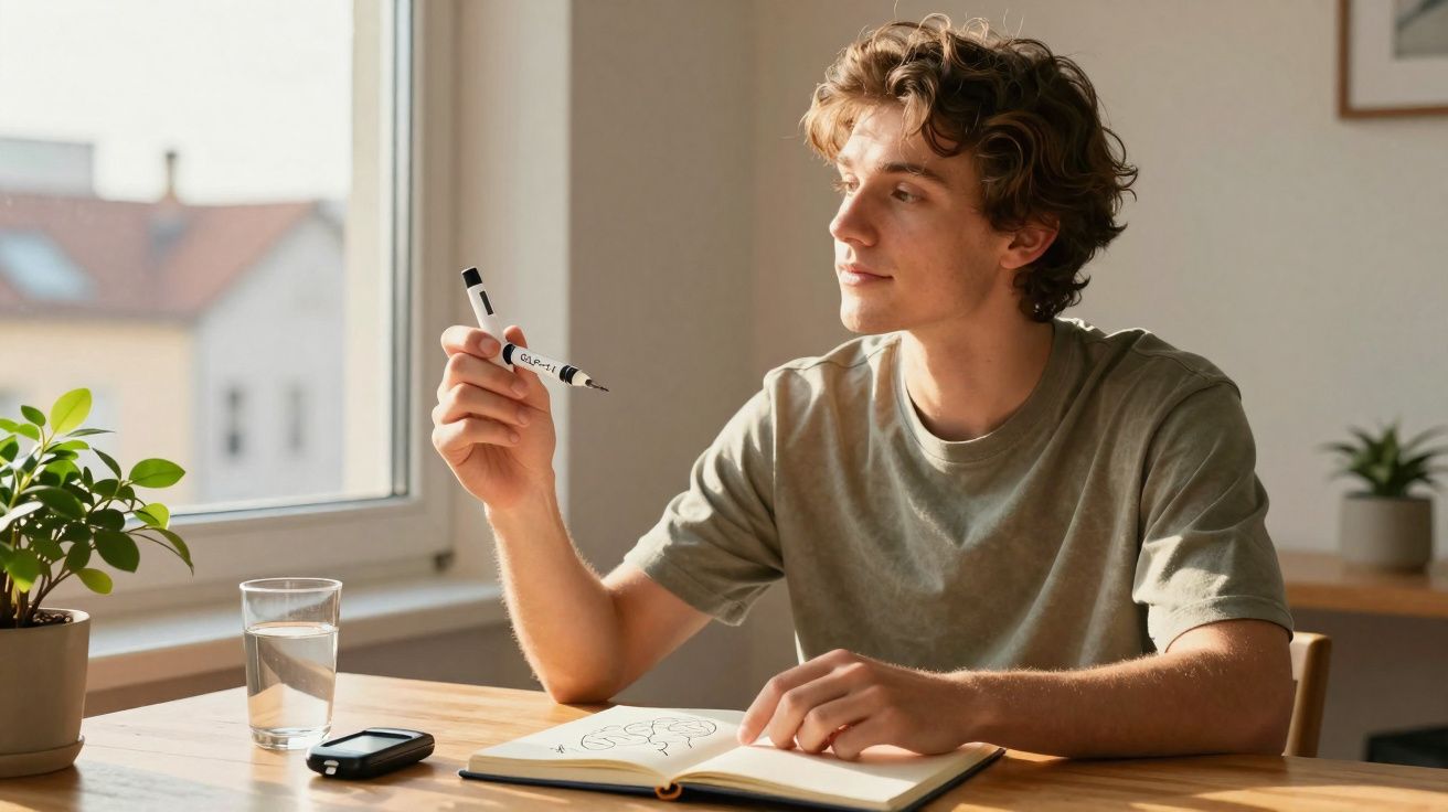 Jovem sentado à mesa, segurando marcador, olhando pela janela, com caderno aberto à sua frente.