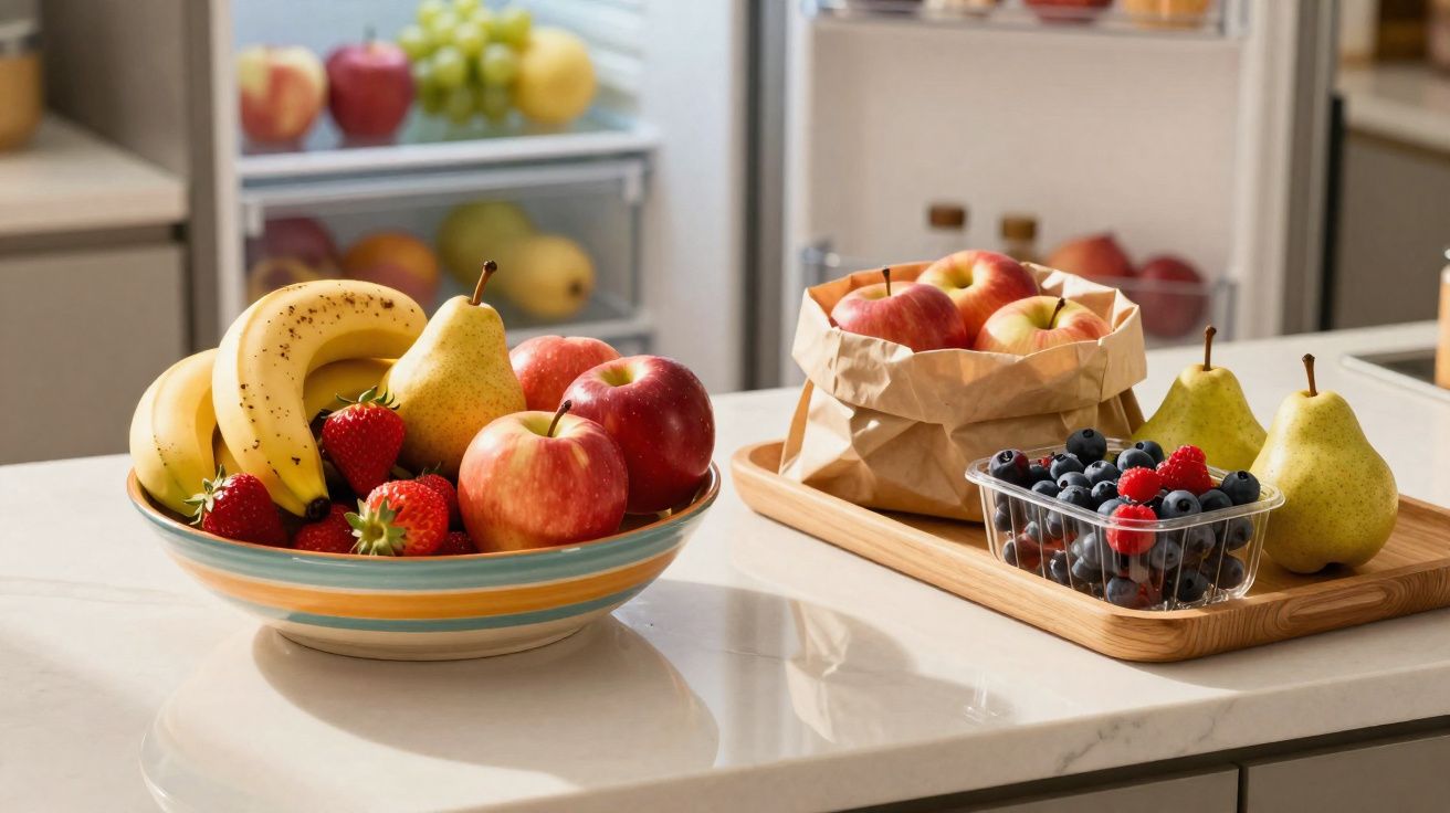 Fruteira com bananas, maçãs, morangos e pera ao lado de bandeja com maçãs, peras e frutas vermelhas na cozinha.