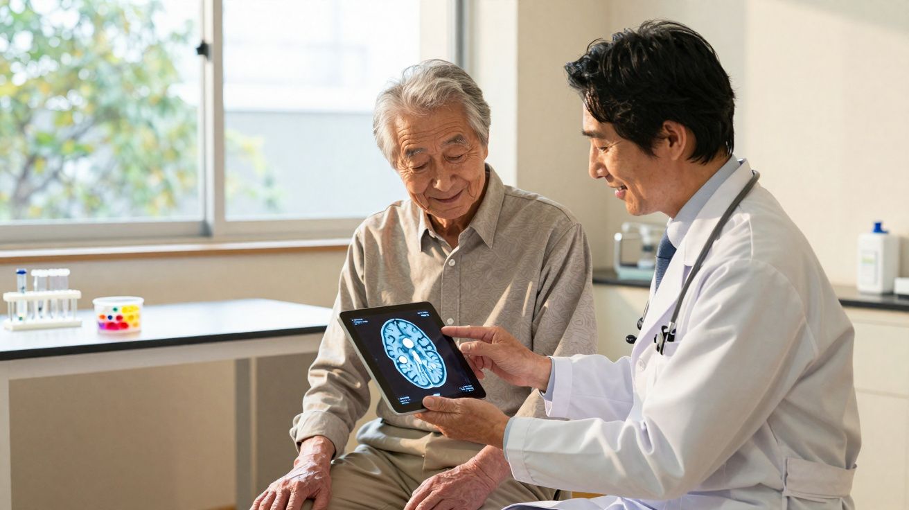 Médico mostra exame cerebral em tablet para paciente idoso durante consulta em clínica iluminada.