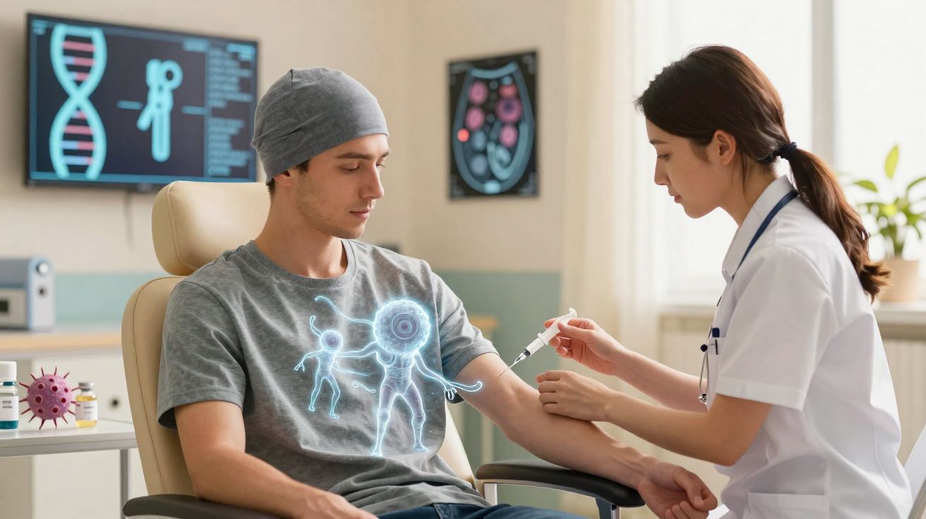 Homem recebendo vacina em clínica, com ilustração digital de sistema imunológico no tórax.