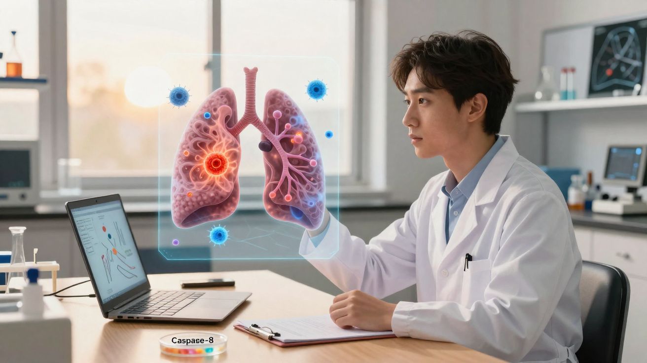 Cientista analisando holograma de pulmões com infecção e vírus em laboratório moderno.