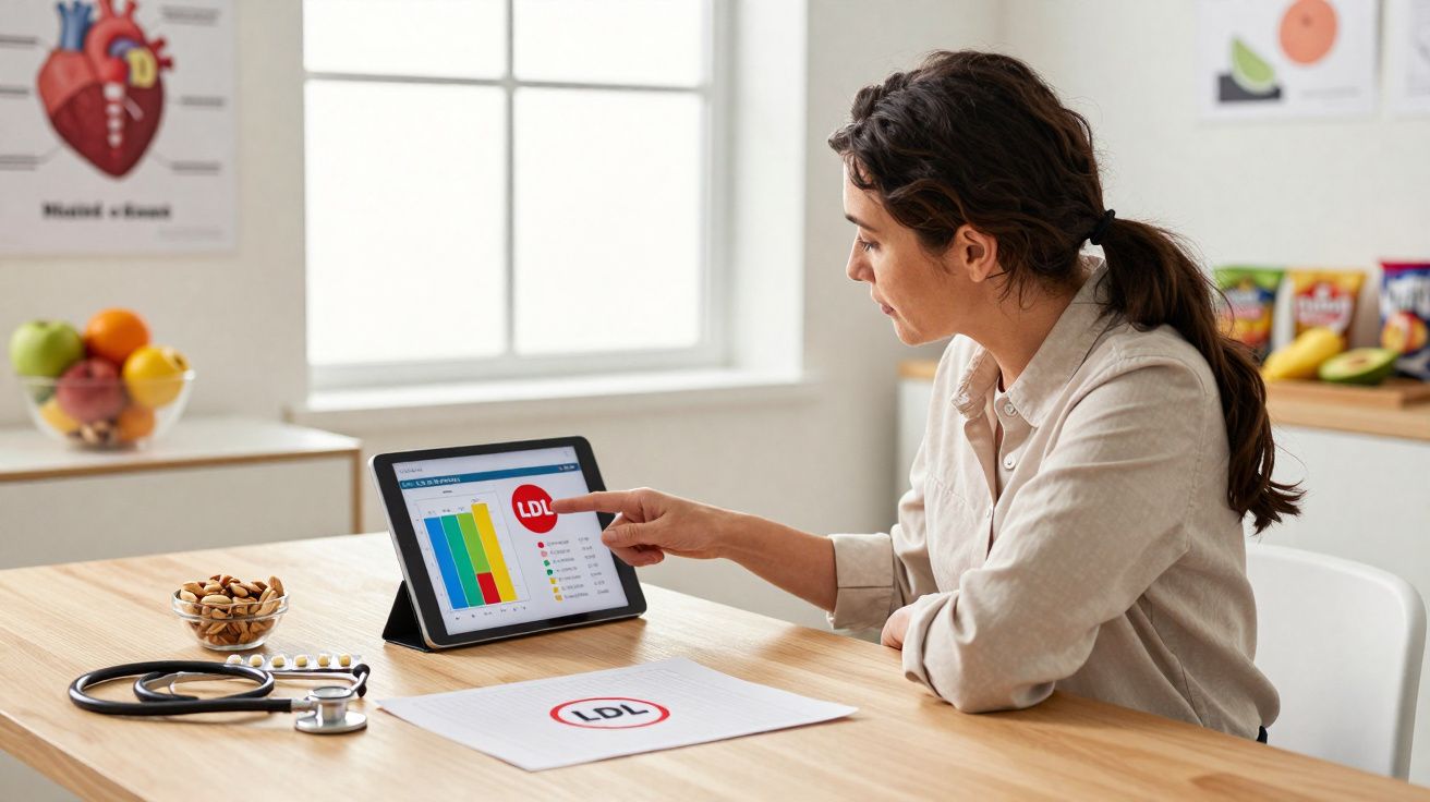 Mulher analisando gráfico de níveis de LDL em tablet em ambiente com frutas, estetoscópio e remédios.