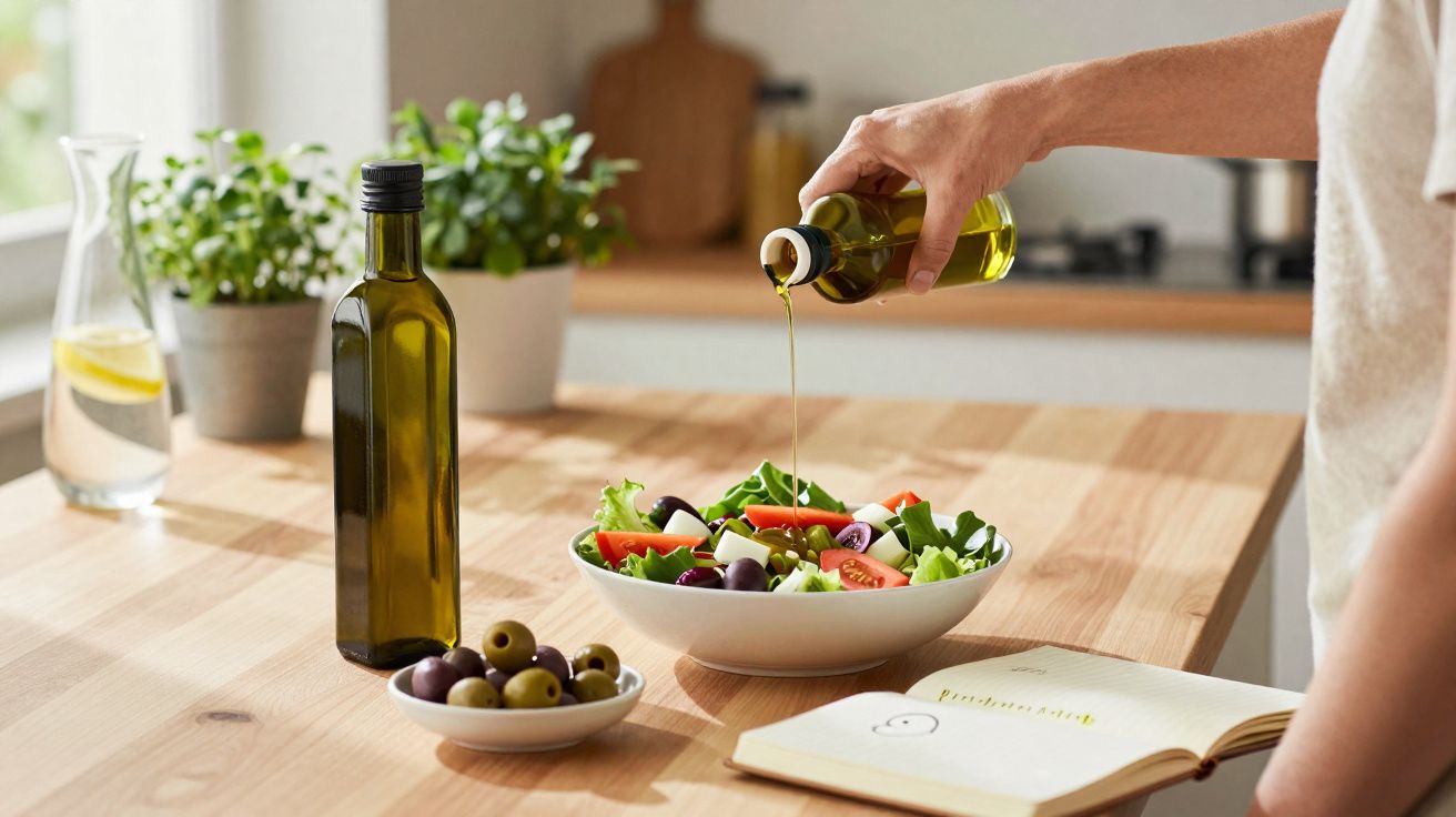 Pessoa regando salada com azeite na cozinha, com azeitonas e um livro aberto na mesa.