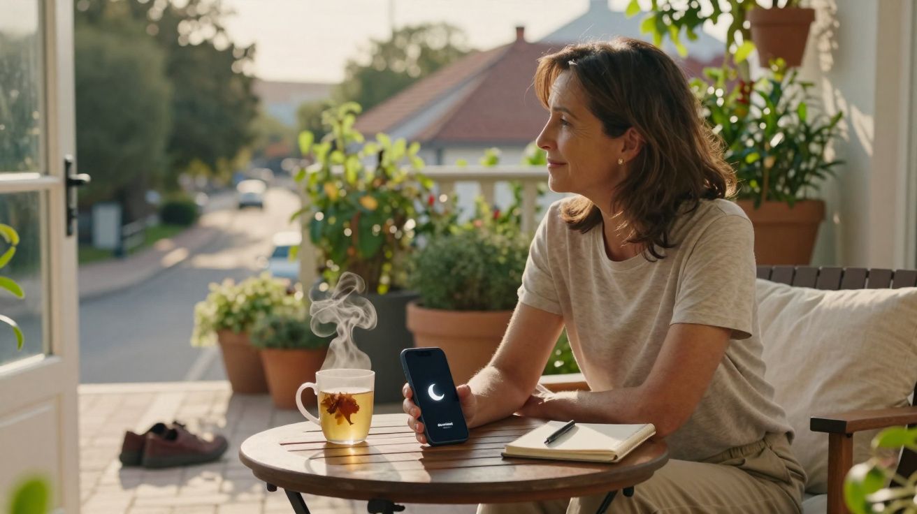Mulher sentada em varanda com chá quente, celular na mão e caderno sobre mesa de madeira.