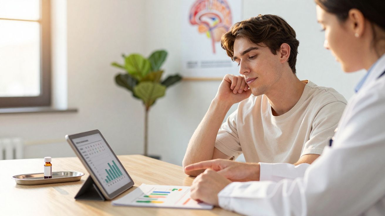 Paciente analisando gráficos em tablet durante consulta médica com profissional de saúde em consultório.