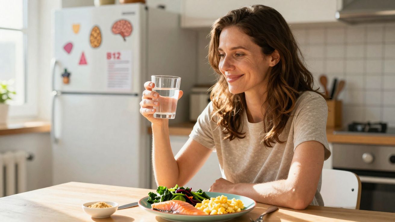 Mulher sentada à mesa segurando um copo de água, com prato de comida saudável na cozinha.