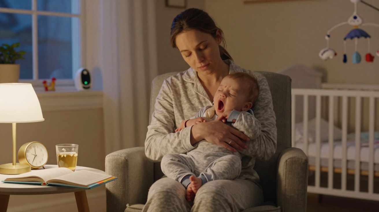Mãe sentada em poltrona embalando bebê que boceja em quarto com berço, luminária e relógio ao lado.