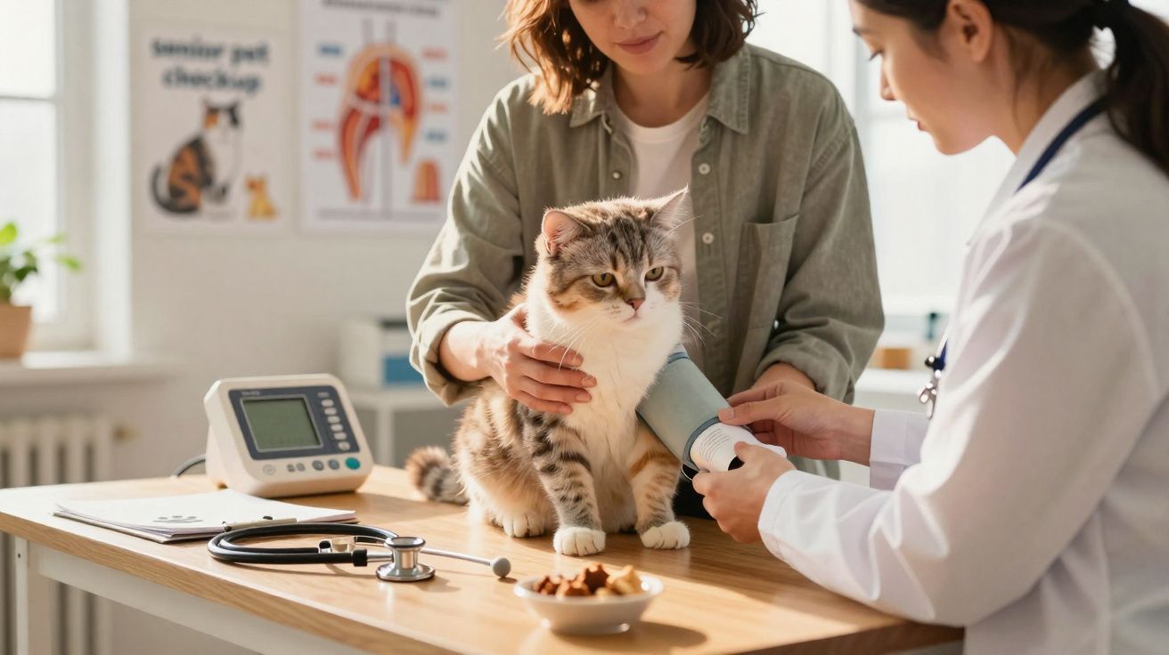 Veterinária medindo pressão do gato na clínica enquanto dona o segura em cima da mesa de exames.