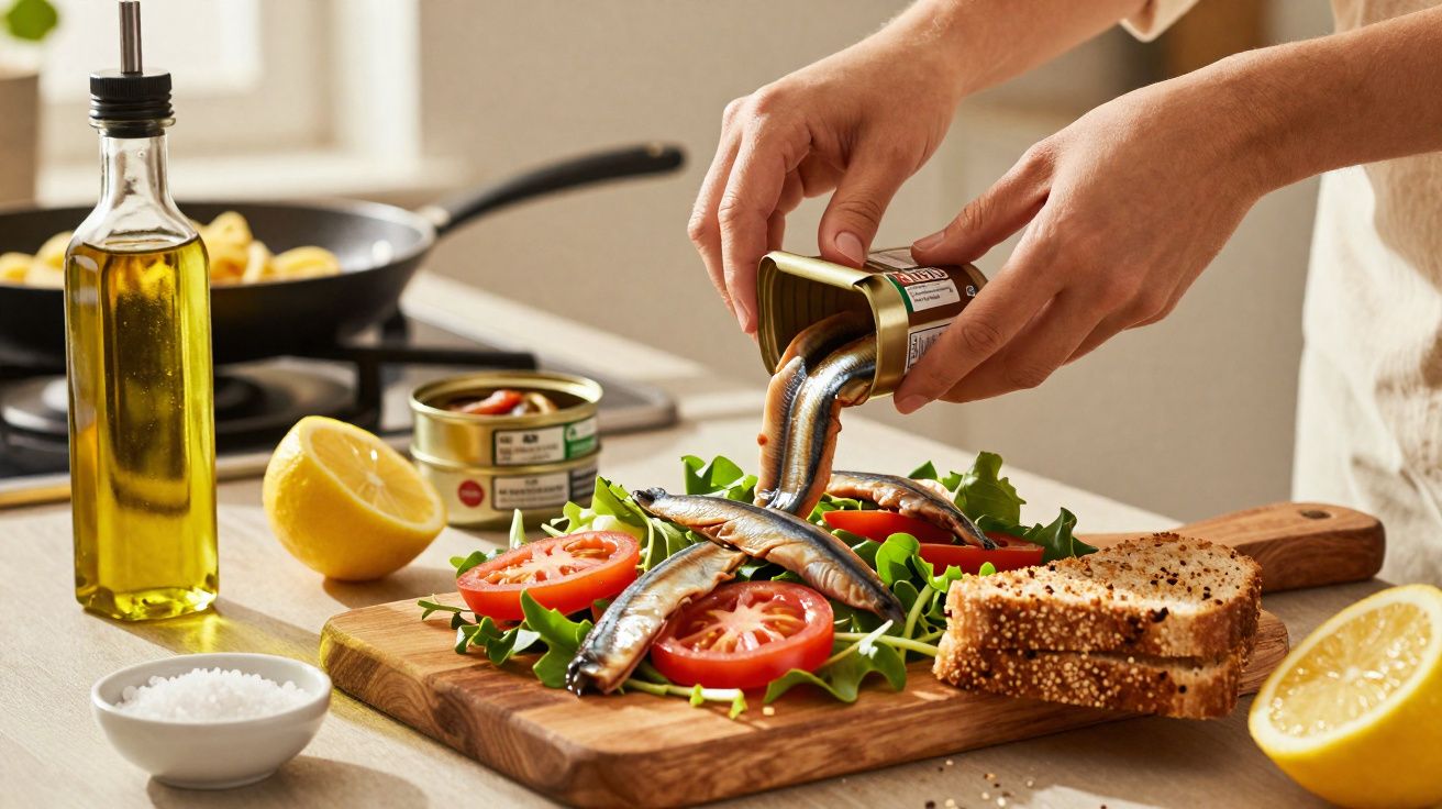Pessoa colocando sardinhas em salada com tomates e pão em tábua de madeira na cozinha.