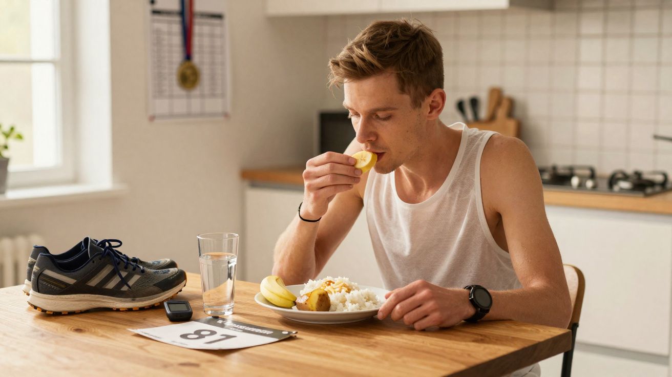 Homem vestindo regata branca comendo banana à mesa com tênis, copo d'água e número de corrida.