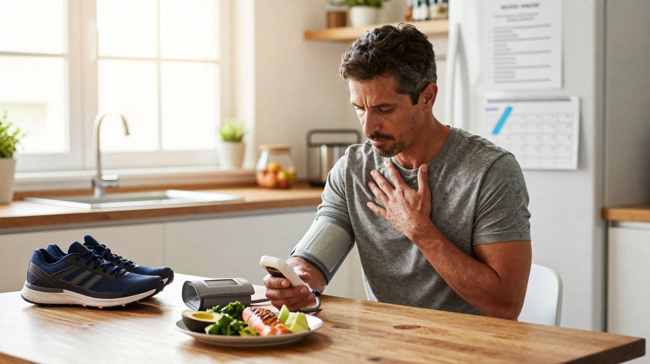 Homem mede pressão arterial em casa usando dispositivo eletrônico, com prato de comida saudável e tênis na mesa.