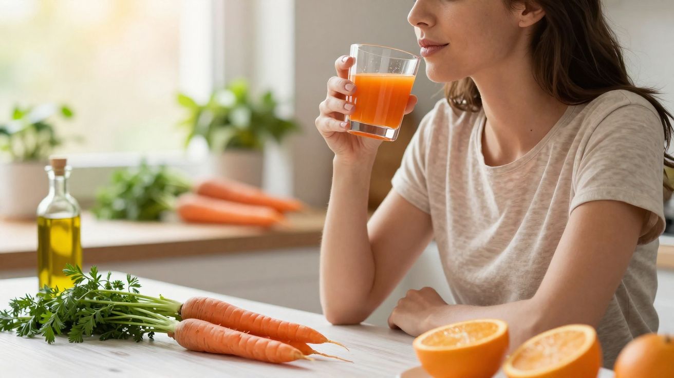 Mulher segurando copo com suco laranja na mesa com cenouras e laranjas cortadas em cozinha.