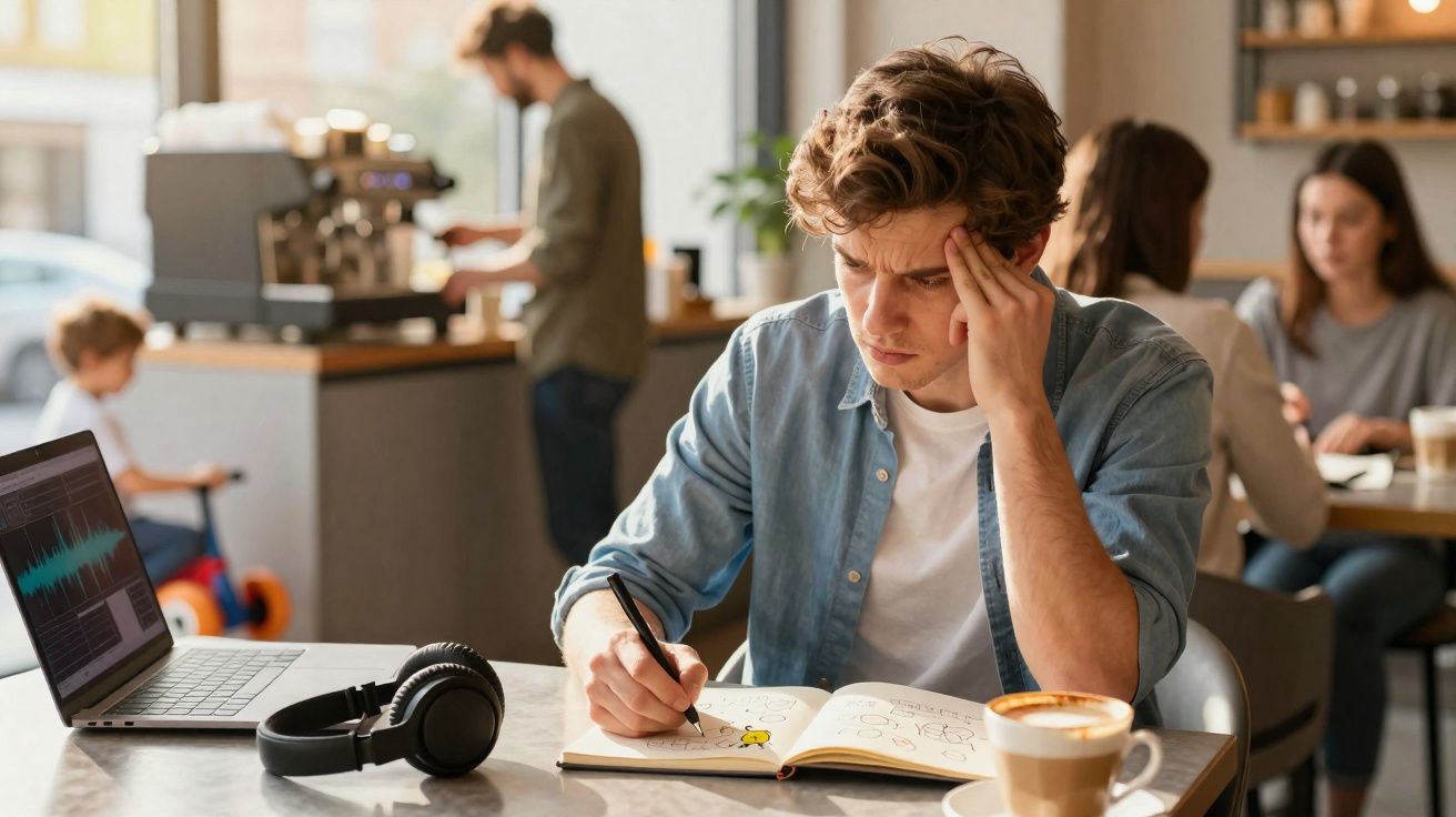 Homem jovem pensativo escrevendo em caderno com laptop e café em cafeteria.