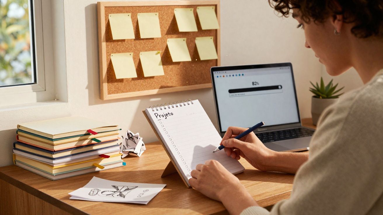 Pessoa escrevendo em bloco de notas com título projeto, computador e caderno à mesa perto de janela.