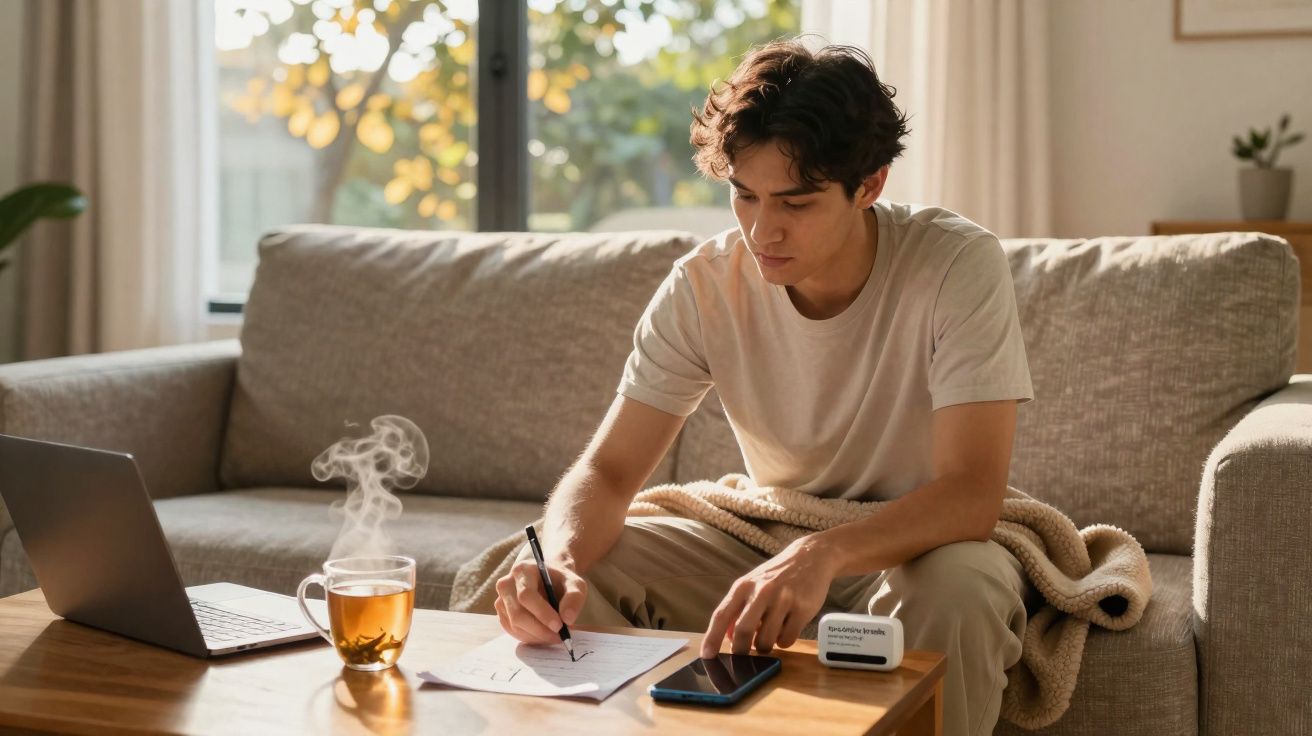 Jovem sentado no sofá escrevendo em papel com laptop, celular, inalador e chá sobre a mesa de madeira.