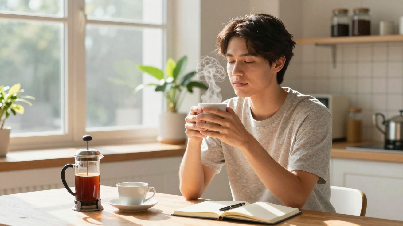 Jovem sentado à mesa, segurando xícara de café quente, com prensa francesa e caderno à sua frente em ambiente claro.