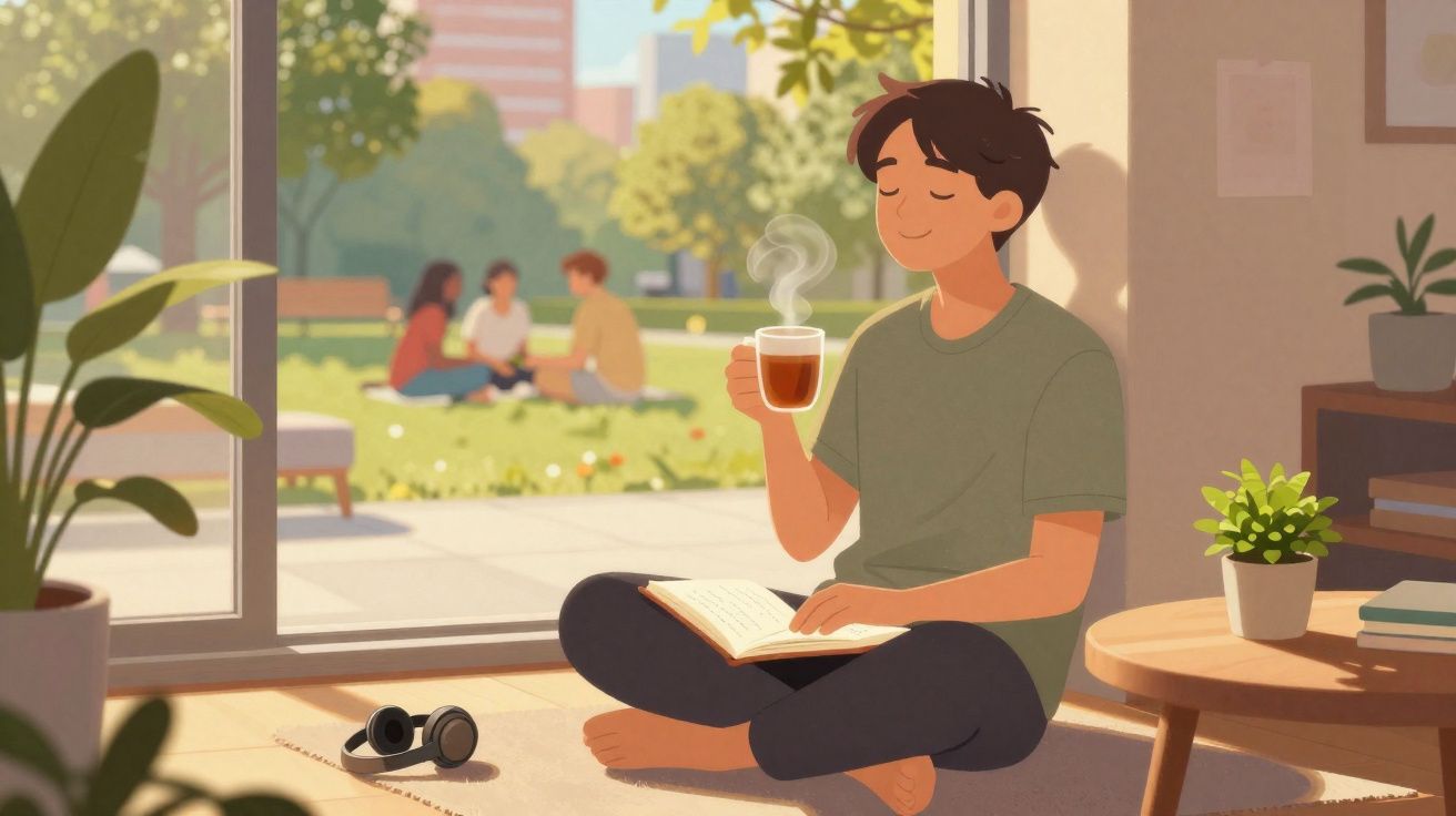 Pessoa sentada no chão lendo livro e tomando bebida quente perto de janela aberta com jardim ao fundo.