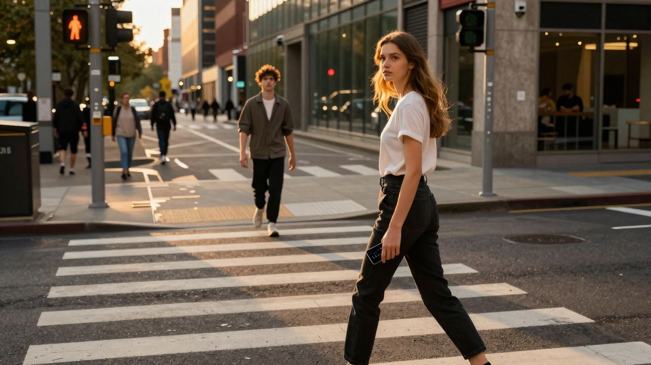Mulher jovem de camiseta branca atravessa pela faixa de pedestres em sinal vermelho para pedestres.