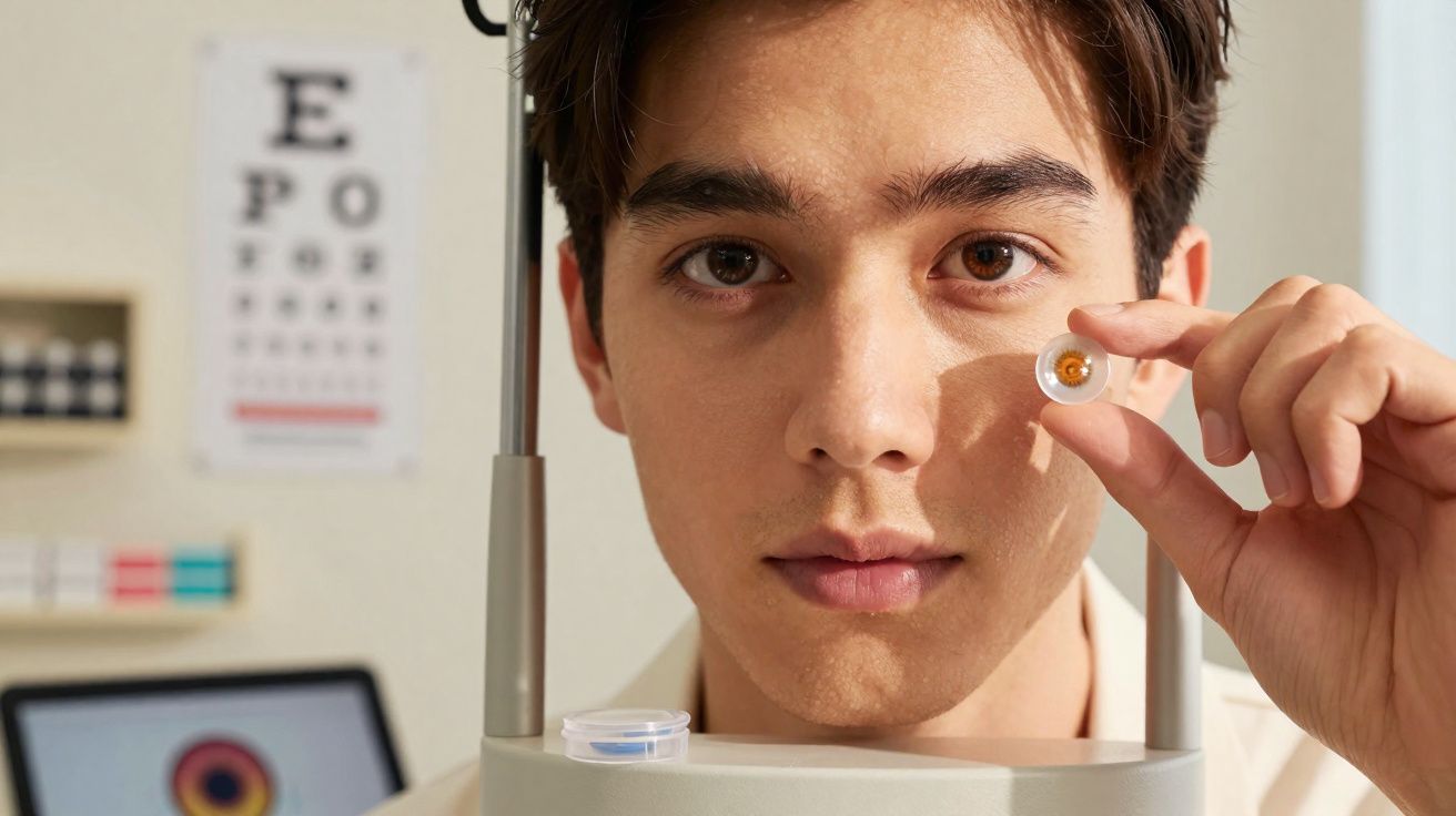 Homem segurando lente de contato marrom perto do rosto em clínica de oftalmologia.