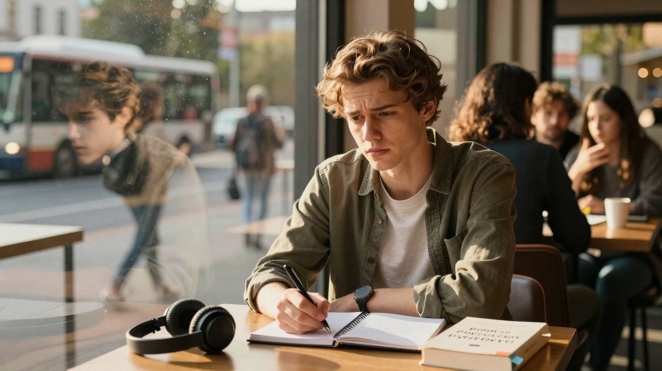 Jovem escrevendo em caderno sentado em cafeteria com fones de ouvido e livro na mesa, janela ao fundo.