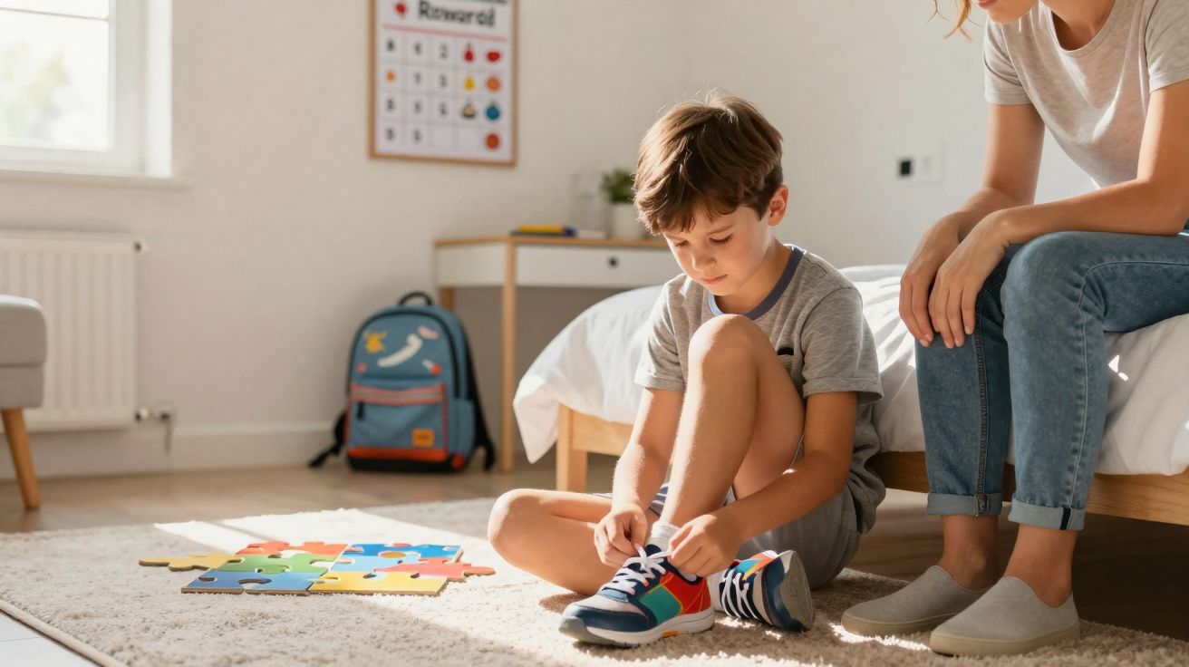 Menino sentado amarrando tênis com mulher ao lado em quarto iluminado com brinquedos no chão.