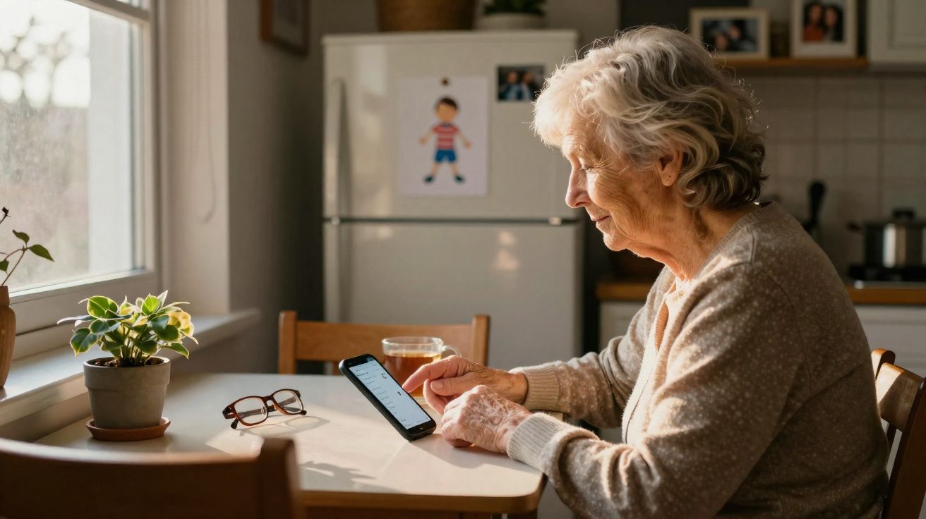 Idosa sentada à mesa da cozinha usando smartphone com planta e óculos ao lado.