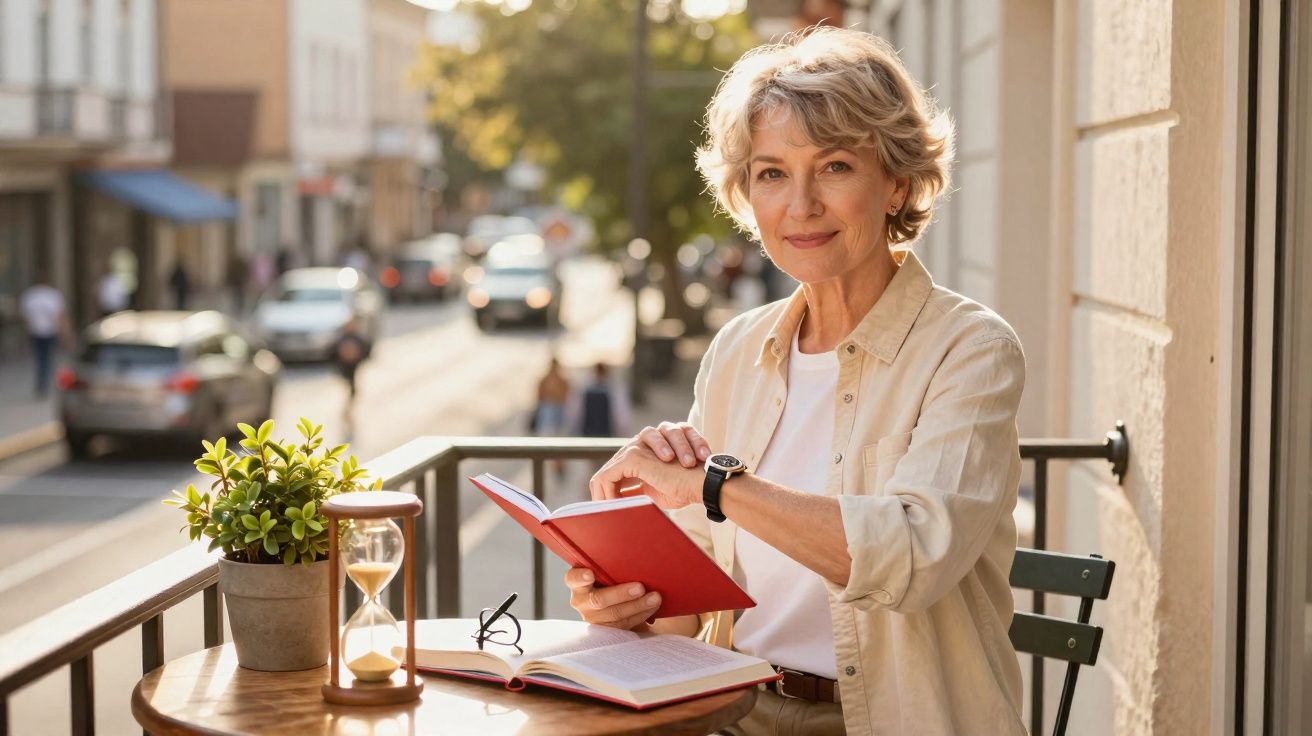 Mulher madura lendo livro em mesa de varanda com ampulheta, planta e óculos em dia ensolarado.