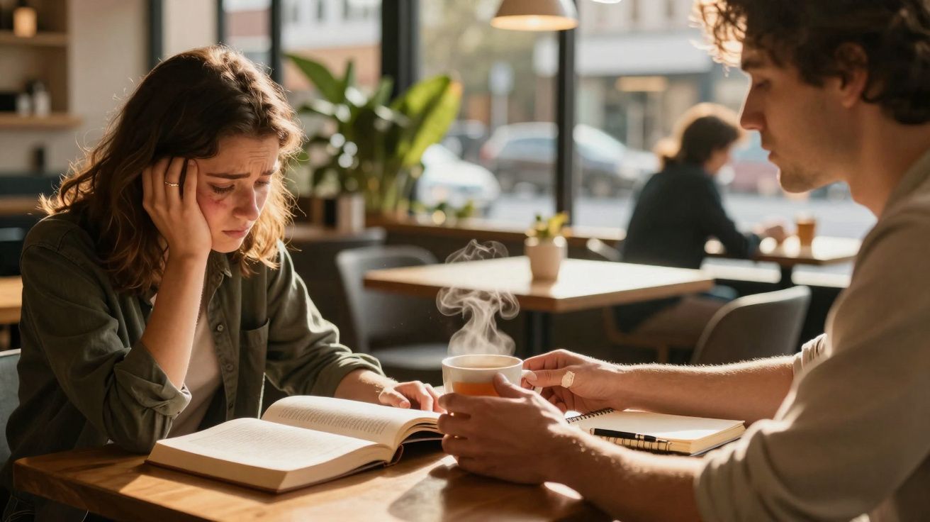 Jovem com expressão triste estudando em café, enquanto outra pessoa oferece uma bebida quente.