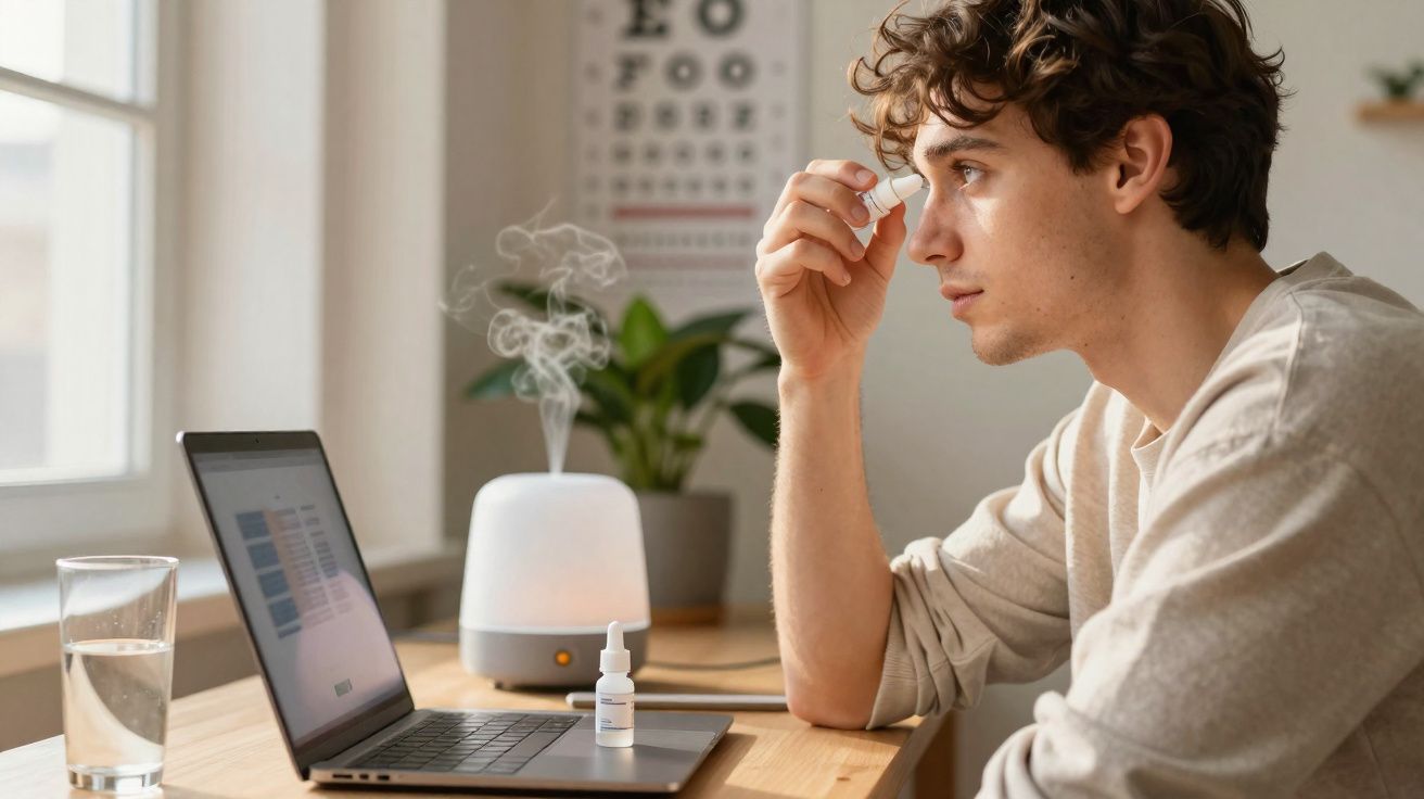 Homem aplica colírio nos olhos sentado à mesa com laptop, umidificador e copo d'água ao lado.