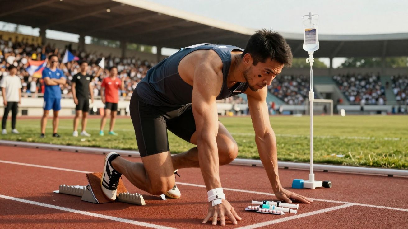 Atleta com hematomas se prepara para corrida na pista de atletismo com soro ao lado.