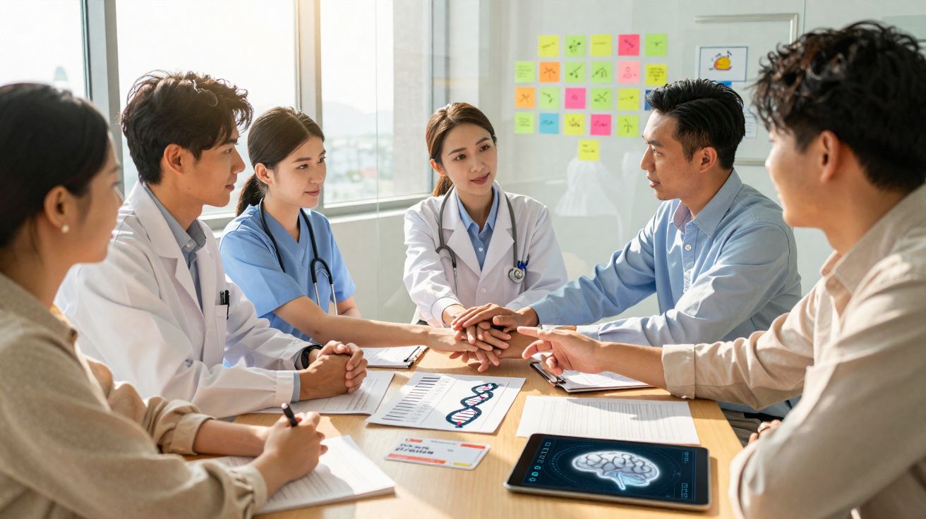 Equipe médica multicultural em reunião estratégica, unindo as mãos, ao redor de mesa com documentos e tablet.