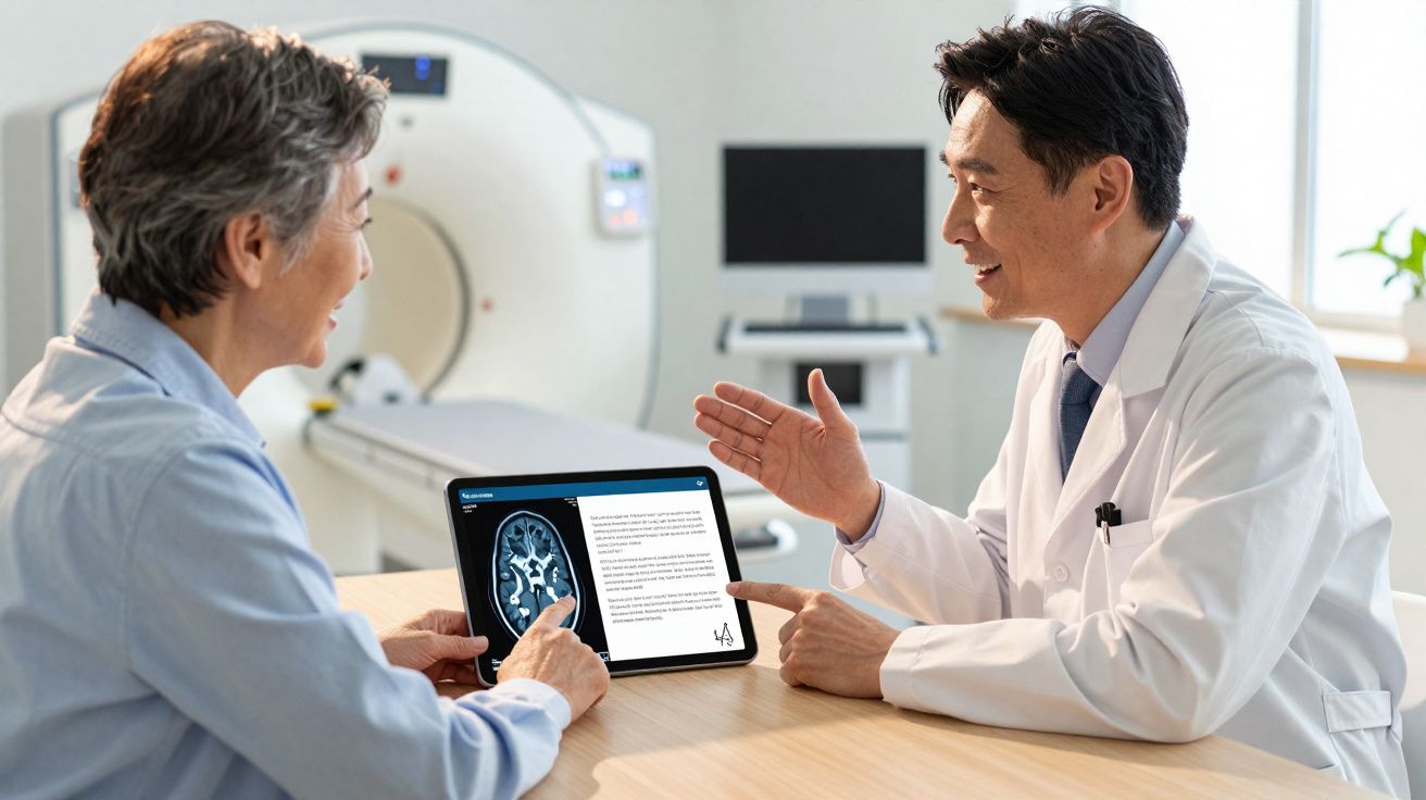 Paciente e médico analisam resultado de exame de ressonância magnética cerebral em tablet.