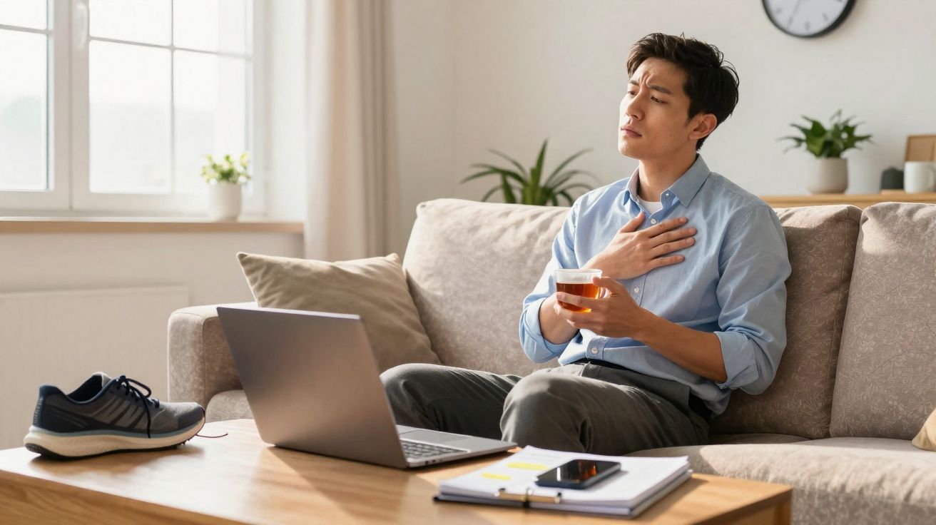 Homem sentado no sofá com expressão de dor segurando o peito e uma xícara de chá na mão.