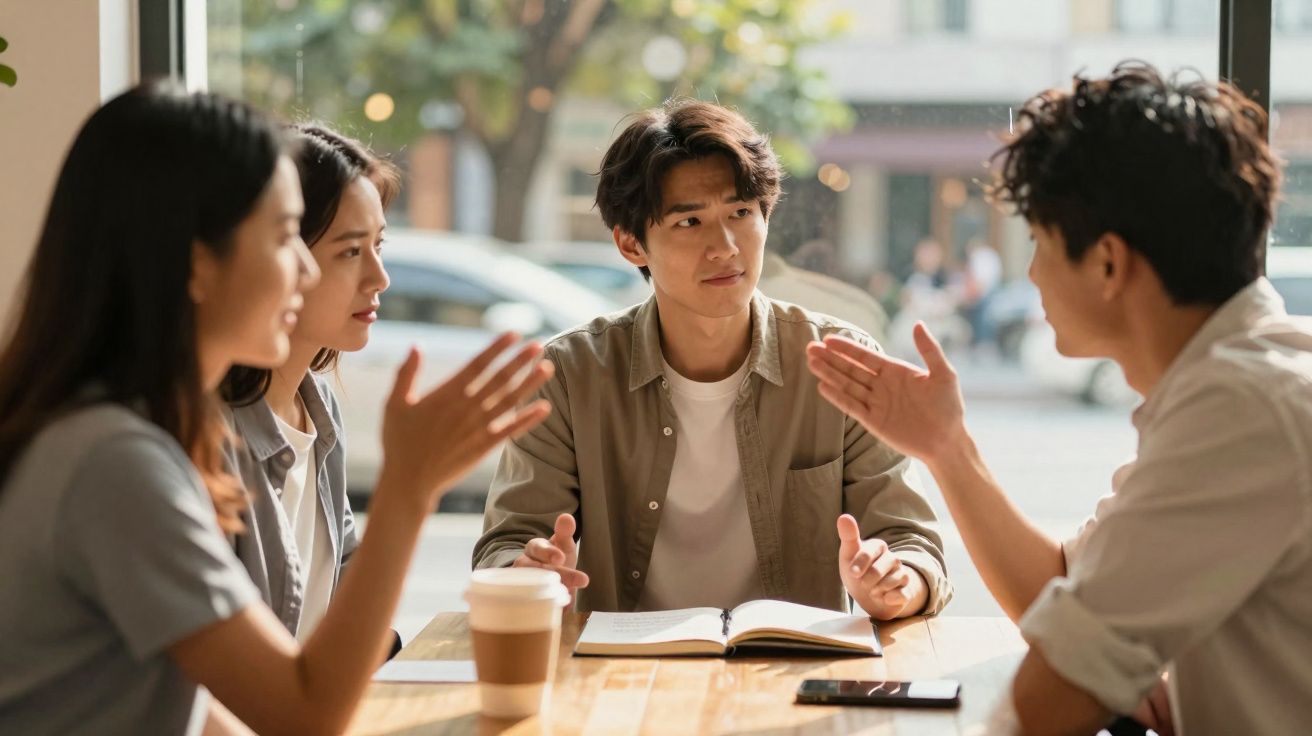 Quatro jovens conversam e discutem ideias em mesa de café com livro aberto e copo descartável.