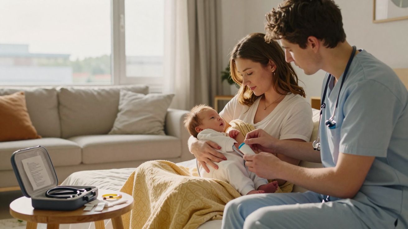 Médico realiza exame em bebê no colo da mãe em ambiente acolhedor e iluminado.