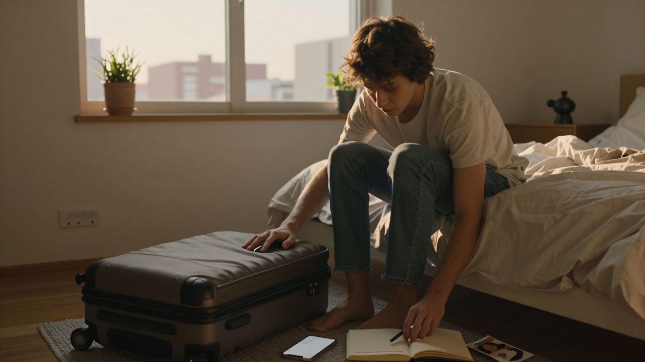Jovem sentado na cama escrevendo em caderno ao lado de mala fechada, com celular no chão e luz natural.