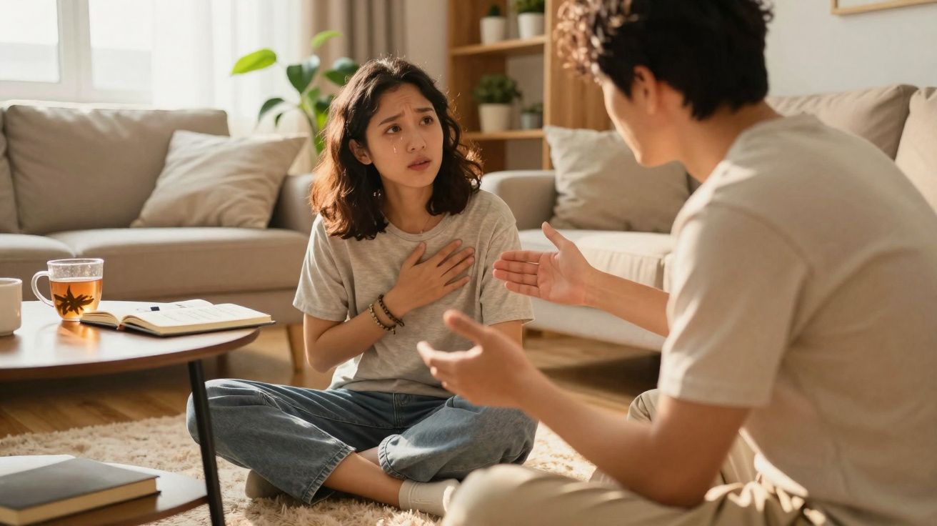Casal sentado na sala conversando, mulher com expressão preocupada e mão no peito.