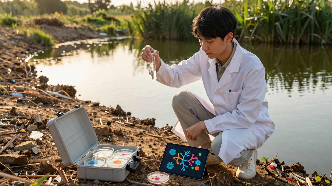 Cientista coletando amostra de água em rio para análise ambiental com equipamento portátil e tablet.