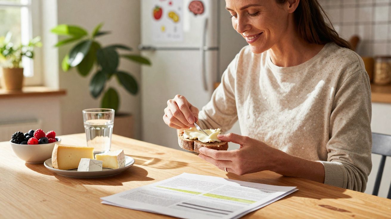 Mulher sorrindo passando manteiga em pão com frutas, queijos e água sobre mesa de madeira.