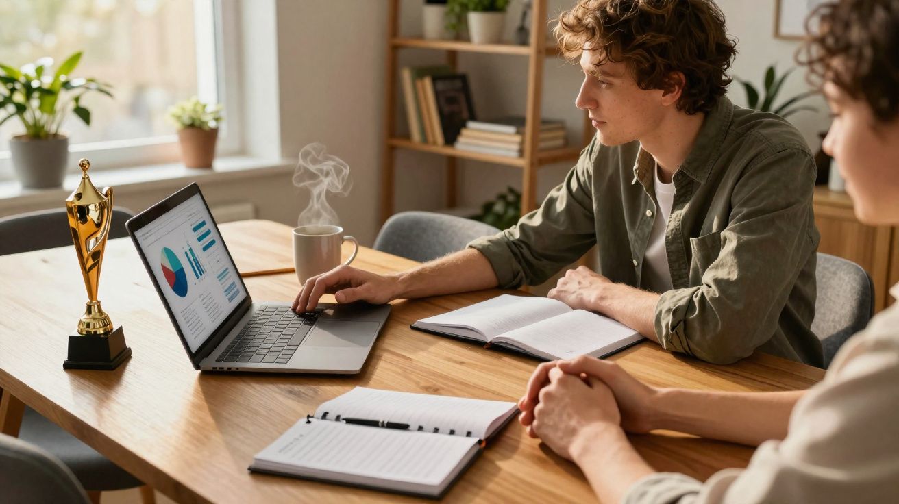 Duas pessoas analisam gráficos em notebook em mesa com troféu, cadernos e xícara de café fumegante.