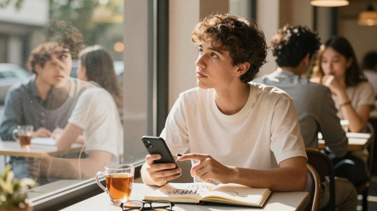 Jovem sentado em cafeteria segurando celular, olhando pela janela, com chá e caderno na mesa.