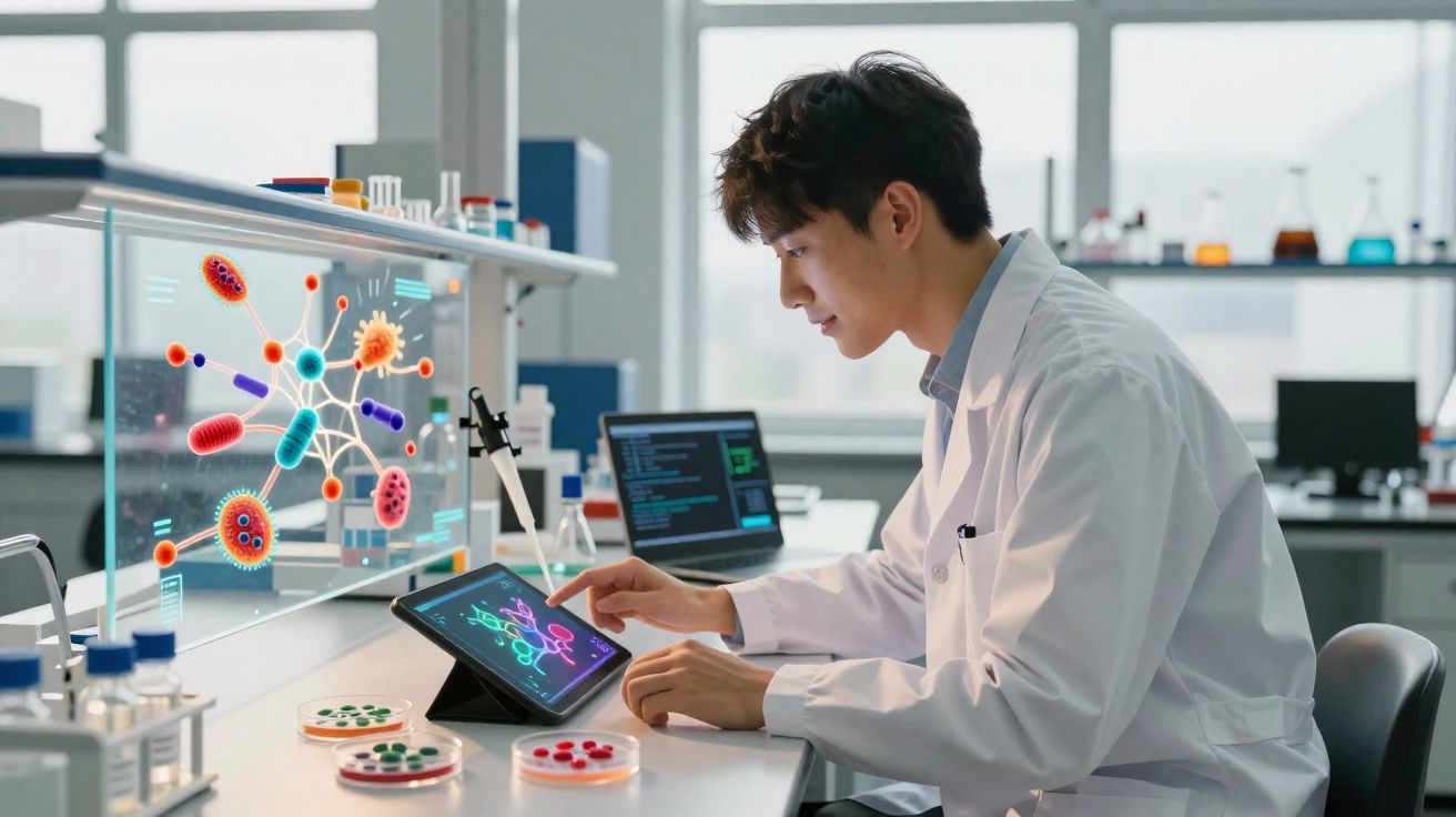 Cientista em laboratório usando tablet e tela holográfica para estudar microrganismos e bactérias coloridas.
