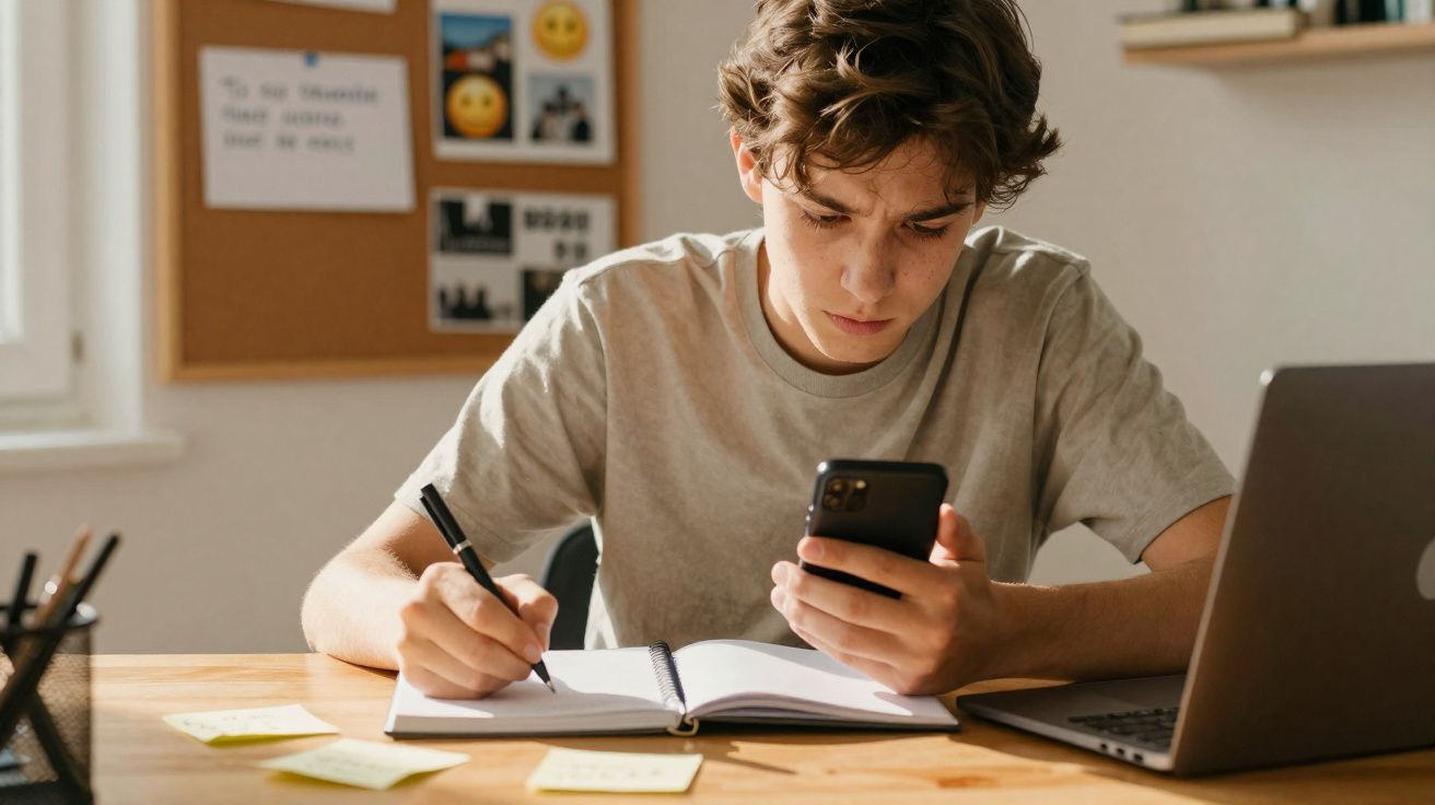 Jovem estudando em mesa com caderno, celular e laptop, concentrado em anotar informações.