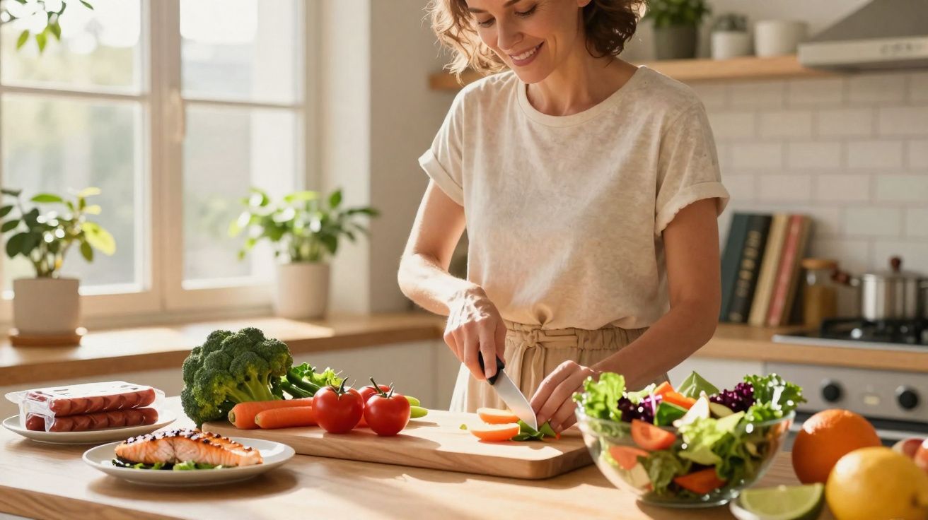 Mulher sorridente cortando legumes em uma cozinha iluminada e preparada com alimentos saudáveis.