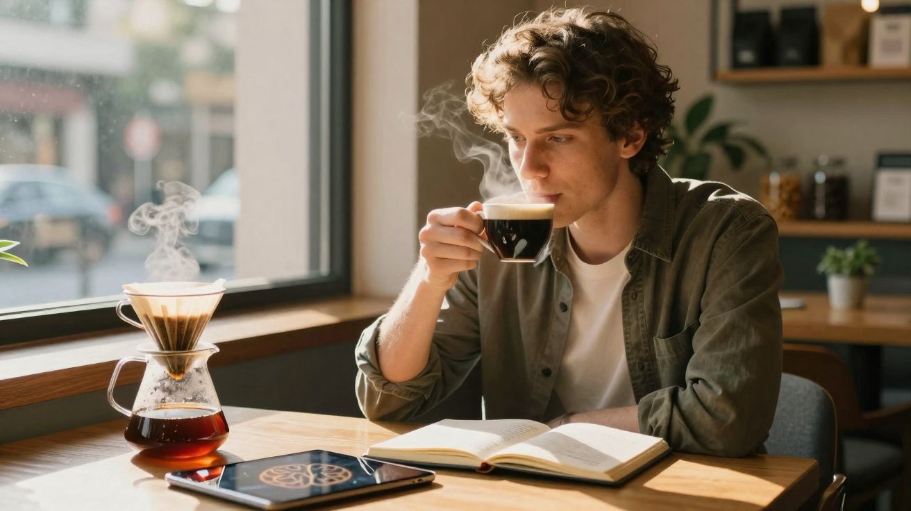 Jovem sentado à mesa de cafeteria, bebendo café quente enquanto lê um livro, com coador de vidro na mesa.