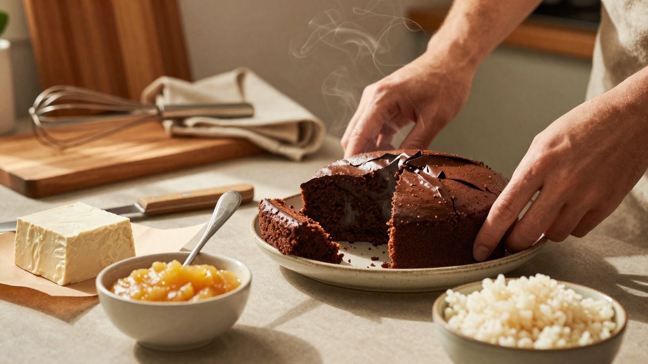 Bolo de chocolate quente com pedaço cortado em prato, mãos segurando e ingredientes ao fundo na bancada.