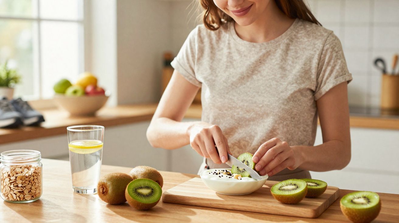 Mulher fatiando kiwi para colocar em tigela com iogurte em cozinha iluminada.