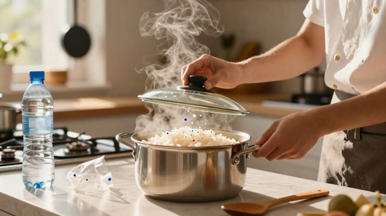 Pessoa retirando tampa de panela com arroz cozido e vapor na cozinha iluminada.